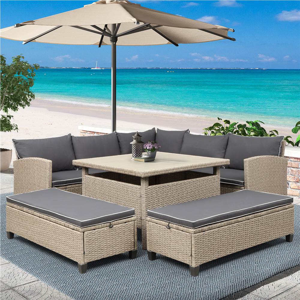 TOPMAX 6 Pieces Outdoor Rattan Furniture Set, Including Corner Sofa, 2 Loveseats, Coffee Table, and 2 Benches, for Garden, Terrace, Porch, Poolside - Gray
