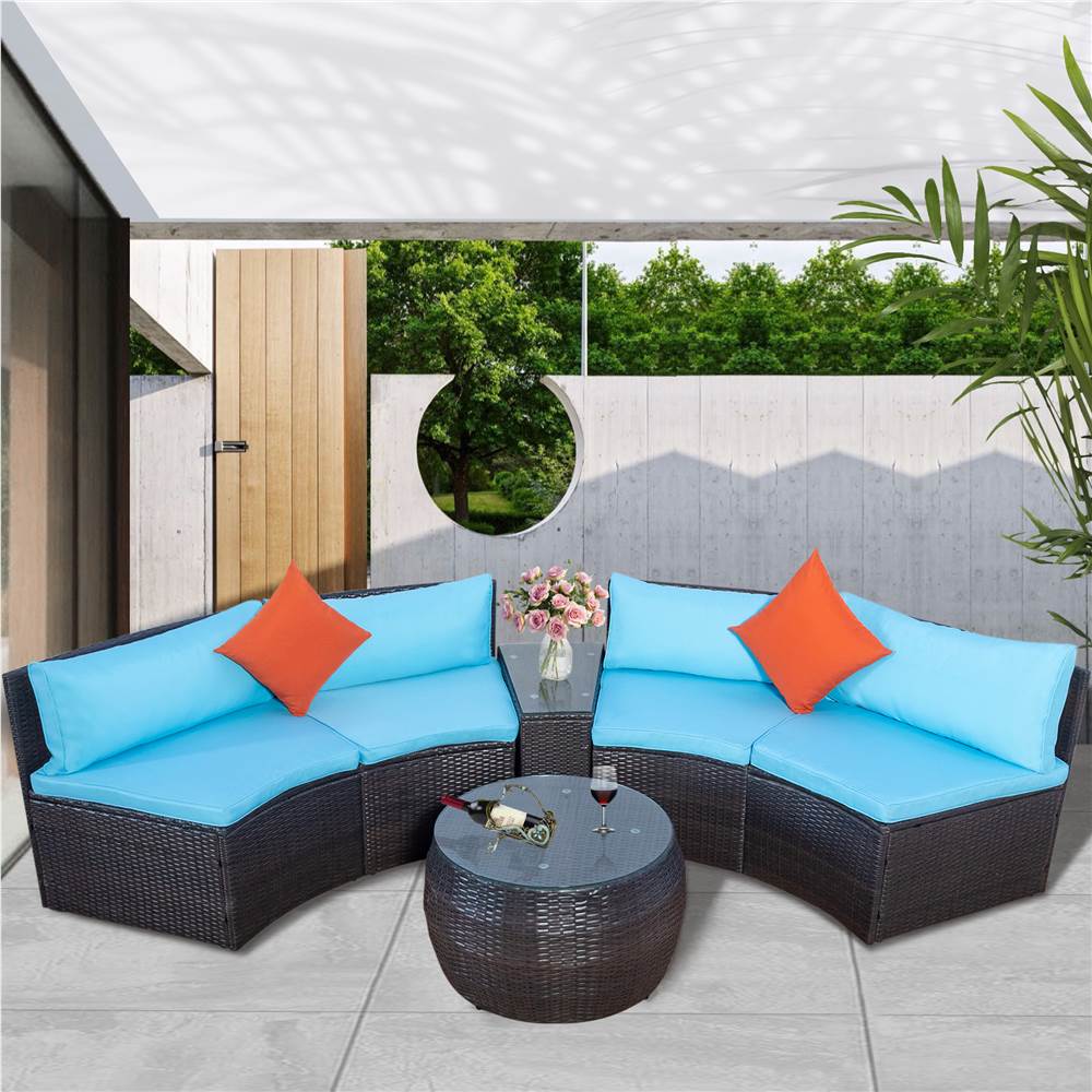TOPMAX 4 Pieces Outdoor Rattan Furniture Set, Including 2 2-seat Sofas, Tempered Glass Side Table, Round Coffee Table, 2 Pillows, and 6 Cushions, for Garden, Terrace, Porch, Poolside - Blue
