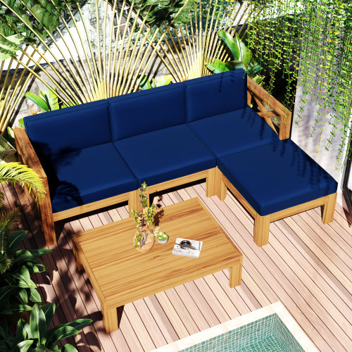 TOPMAX 5 Pieces Outdoor Wooden Furniture Set, Including 2 Corner Sofas, Armless Sofa, Coffee Table, and Ottoman, for Garden, Terrace, Porch, Poolside - Blue