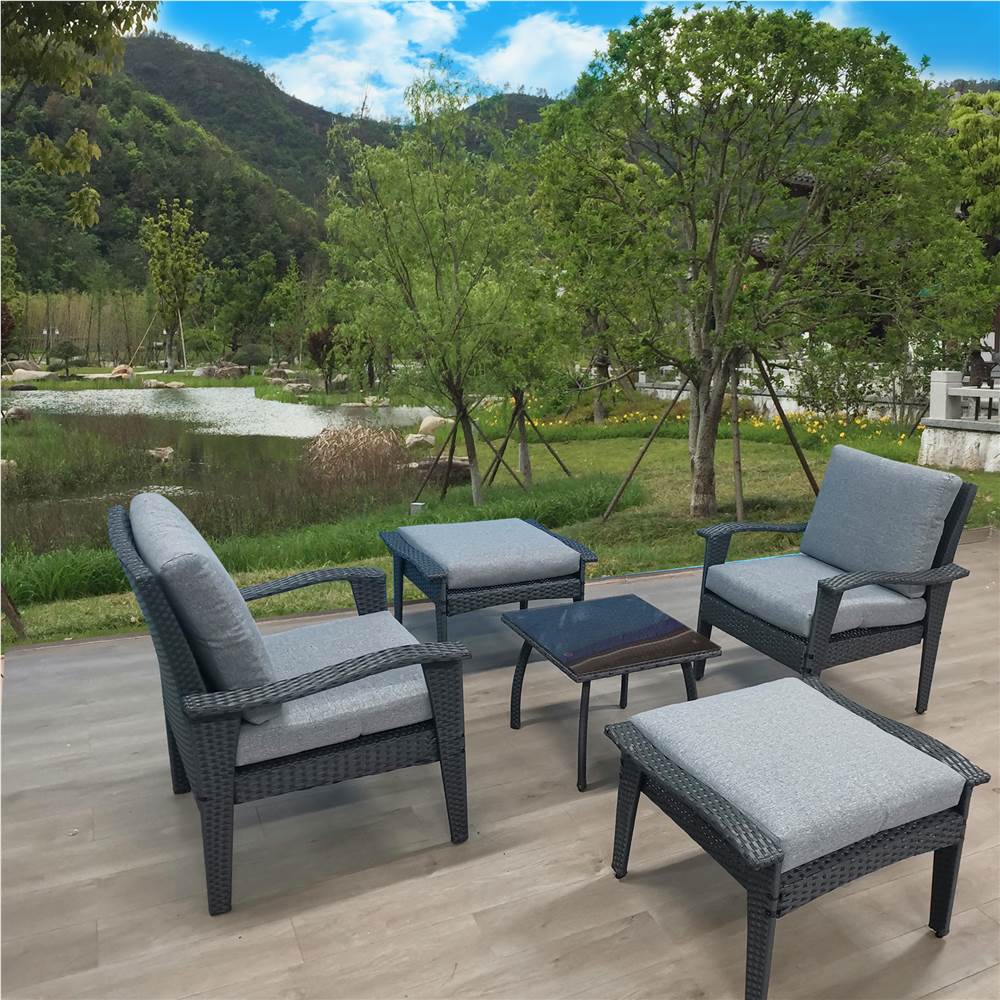 

5 Pieces Outdoor Rattan Furniture Set, Including 2 Chairs, 2 Ottomans, and Coffee Table, for Garden, Terrace, Porch, Poolside, Beach - Gray