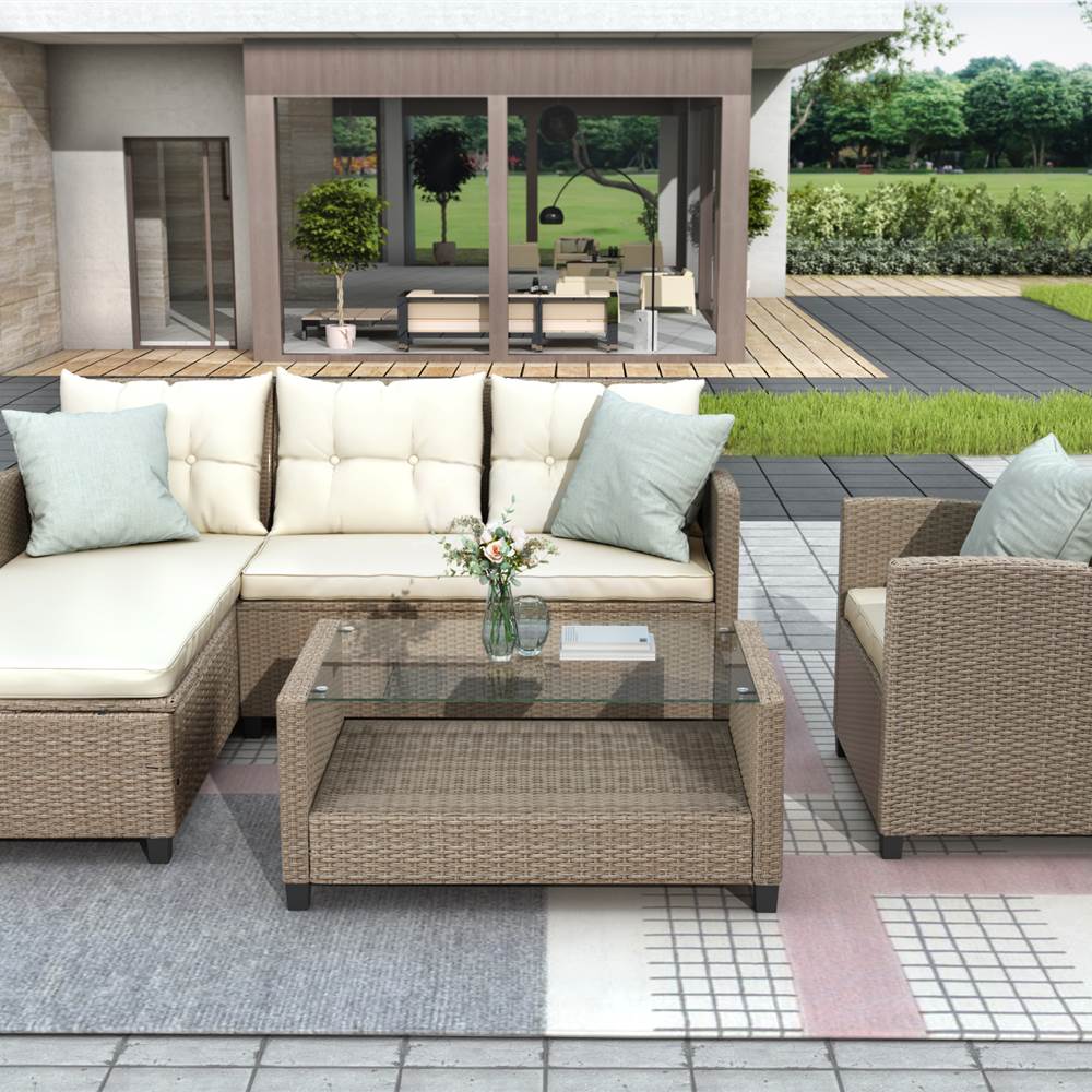 U-STYLE 4 Pieces Outdoor Ratten Furniture Set, Including 2-Seat Sofa, Lounge Sofa, Armchair, and Coffee Table, for Garden, Terrace, Porch, Poolside, Beach - Beige