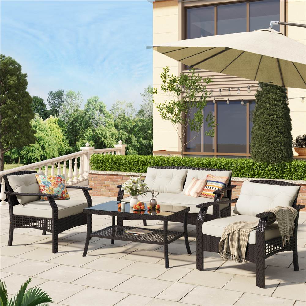 U-STYLE 4 Pieces Outdoor Rattan Furniture Set, Including 2 Chairs, 1 Loveseat, and Coffee Table, for Garden, Terrace, Porch, Poolside, Beach - Beige