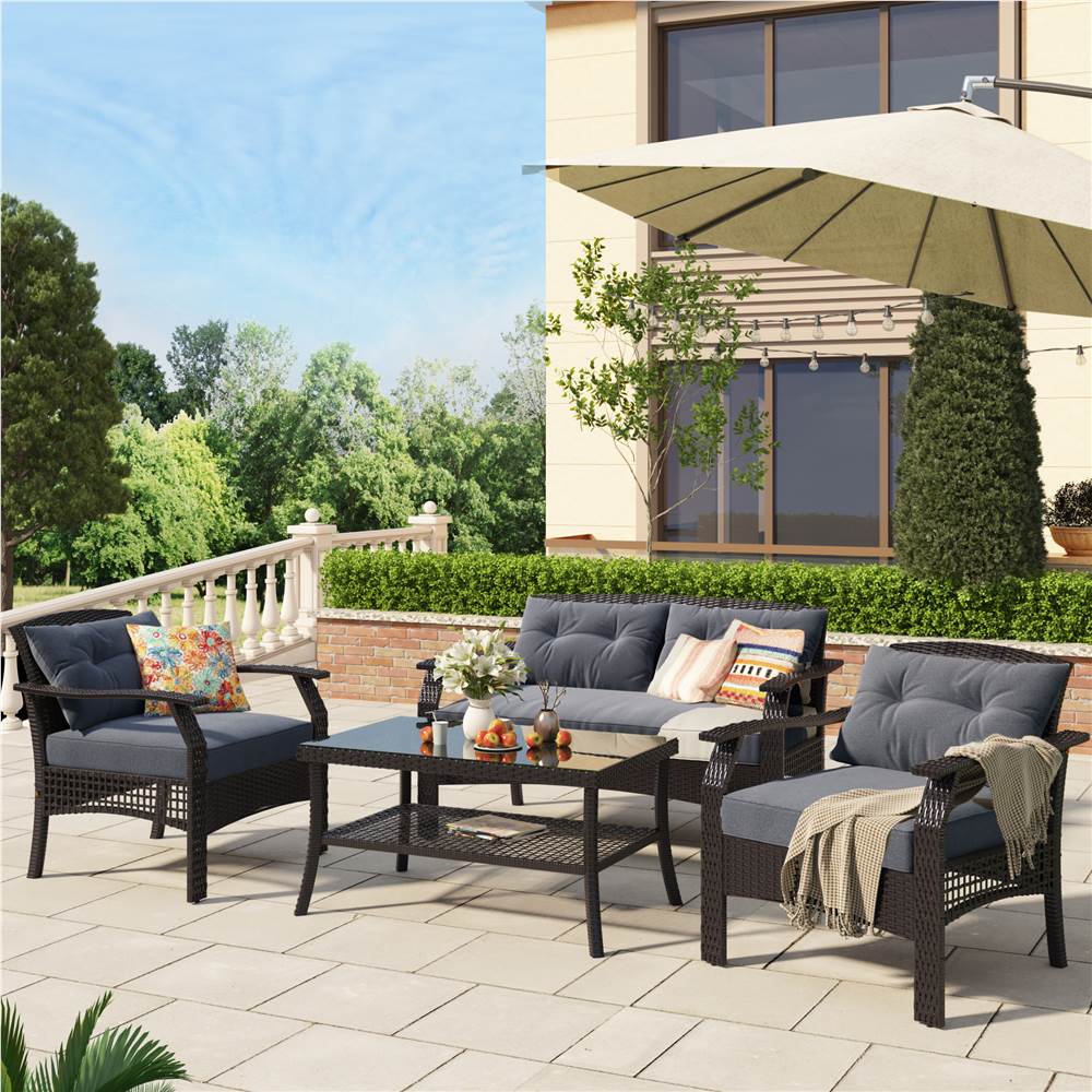 

U-STYLE 4 Pieces Outdoor Rattan Furniture Set, Including 2 Chairs, 1 Loveseat, and Coffee Table, for Garden, Terrace, Porch, Poolside, Beach - Gray