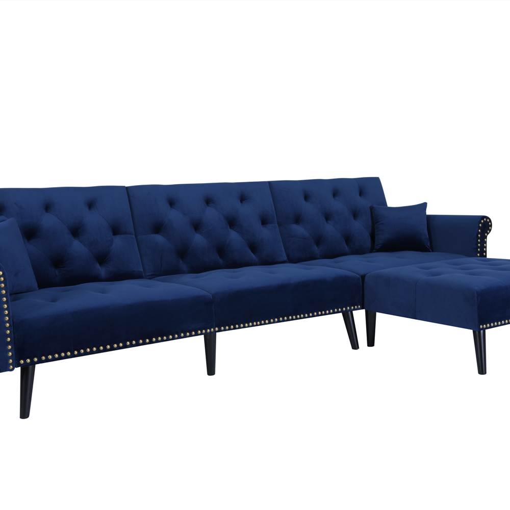 

115" 4-Seat Velvet Upholstered Convertible Sofa Bed with Wooden Leges, for Living Room, Bedroom, Office, Apartment - Blue