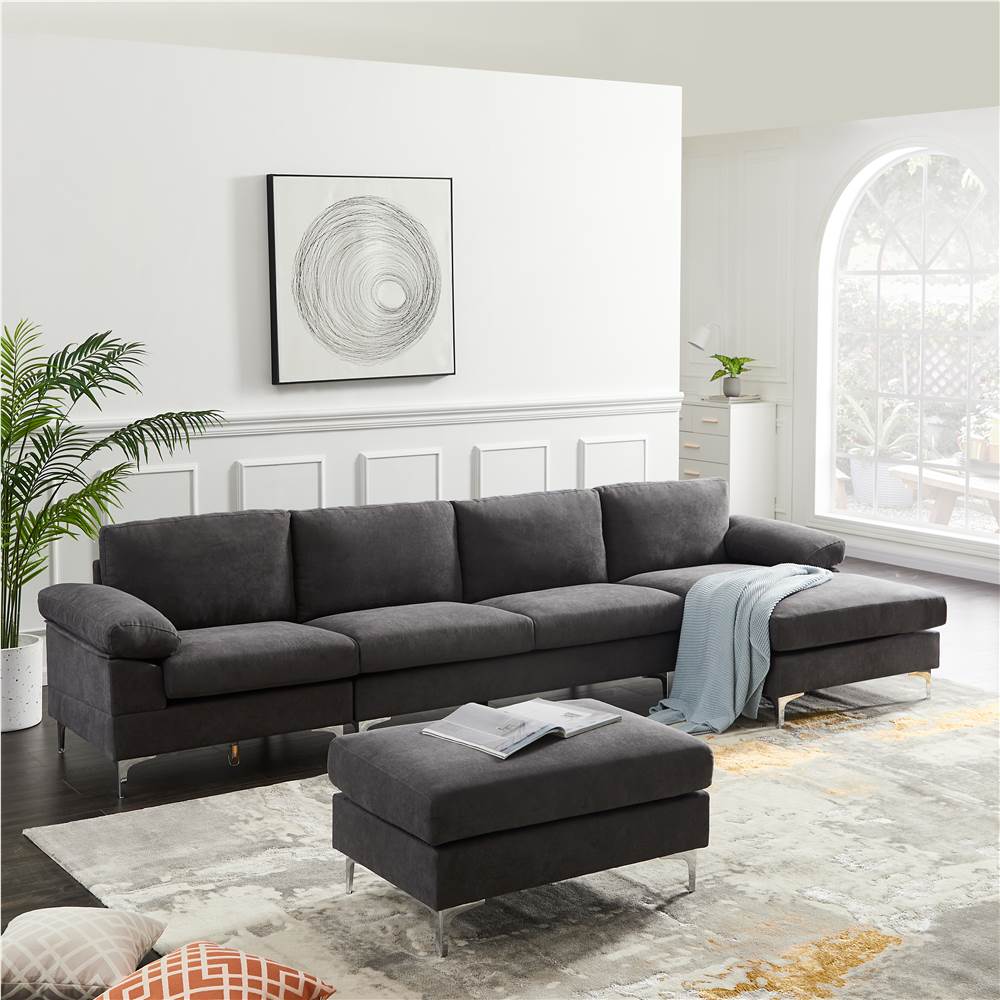 

131" 5-Seat Fabric Upholstered Convertible Sectional Sofa with Ottoman, Wooden Frame, and Metal Legs, for Living Room, Bedroom, Office, Apartment - Dark Gray
