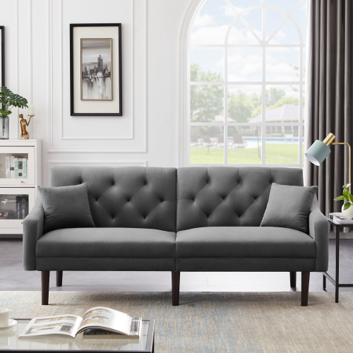 

74.8" 2-Seat Velvet Upholstered Sofa Bed with 2 Pillows, and Wooden Frame, for Living Room, Bedroom, Office, Apartment - Gray