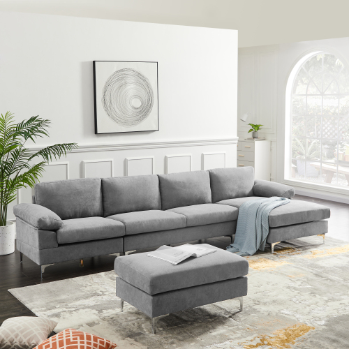 

131" 5-Seat Fabric Upholstered Convertible Sectional Sofa with Ottoman, Wooden Frame, and Metal Legs, for Living Room, Bedroom, Office, Apartment - Light Gray