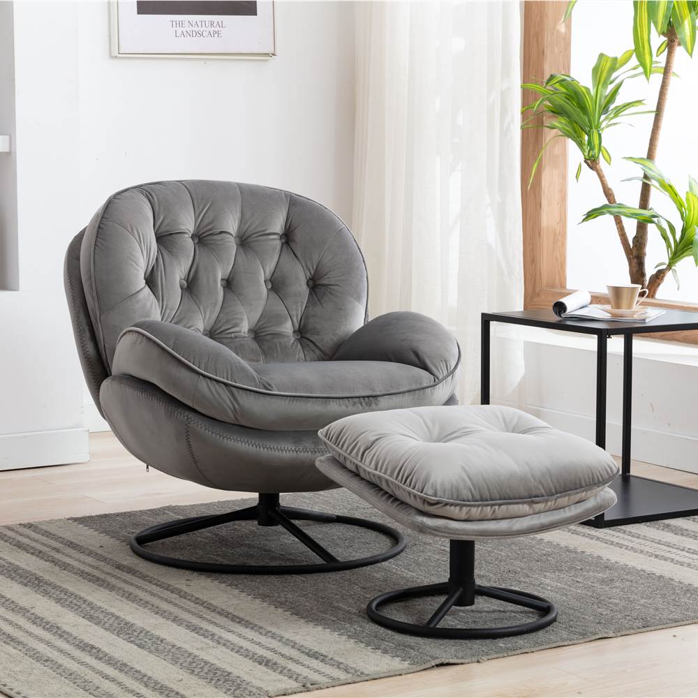 Modern Style Velvet Sofa Chair with Ottoman, and Metal Frame, for Living Room, Bedroom, Dining Room, Office - Gray