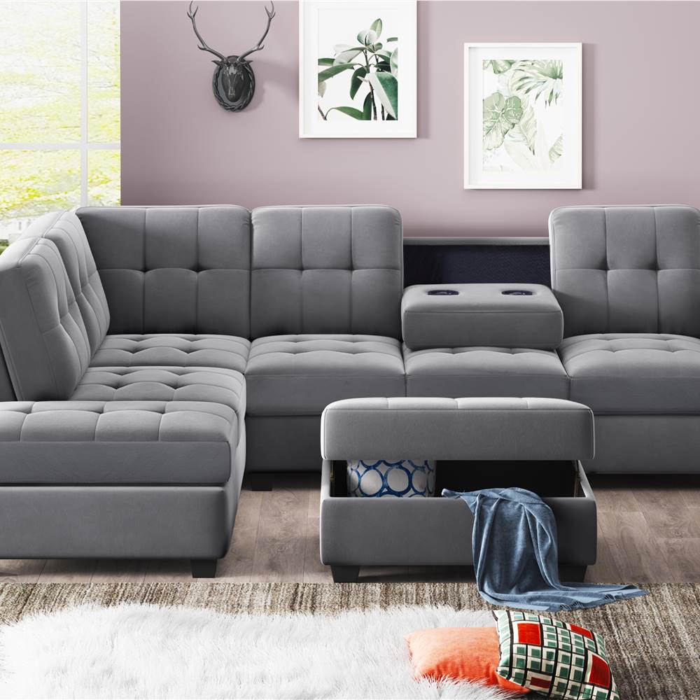 

Orisfur 104" Suede Upholstered Sectional Sofa with Chaise, Ottoman, Wooden Frame, and Cup Holders, for Living Room, Bedroom, Office, Apartment - Gray