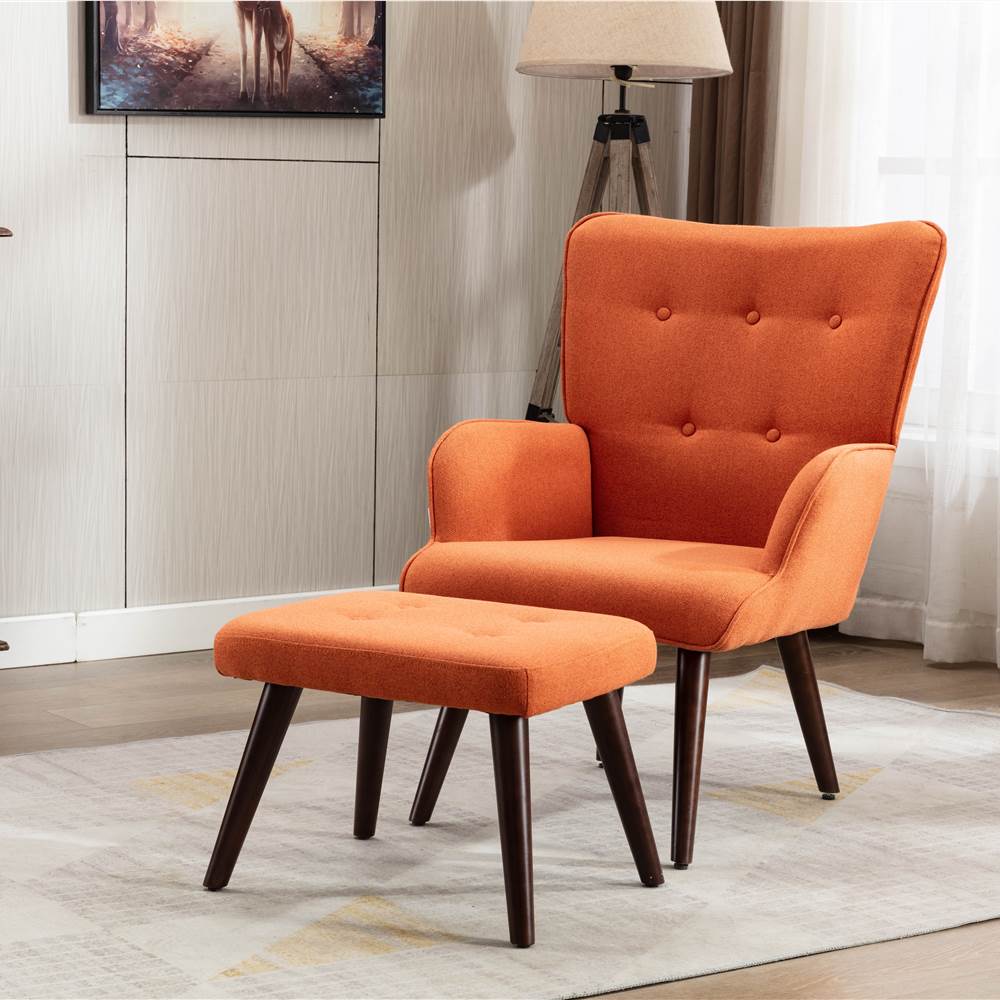 

Canyon Vista Modern Style Linen Sofa Chair with Ottoman, and Wooden Frame, for Living Room, Bedroom, Dining Room, Office - Orange