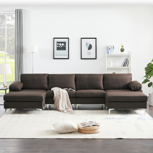 

132" 6-Seat Linen Upholstered Sectional Sofa with Ottoman, Wooden Frame, and Metal Legs, for Living Room, Bedroom, Office, Apartment - Brown