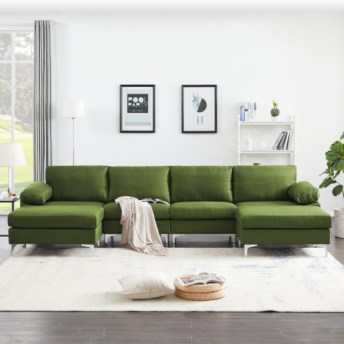 

132" 6-Seat Linen Upholstered Sectional Sofa with Ottoman, Wooden Frame, and Metal Legs, for Living Room, Bedroom, Office, Apartment - Green