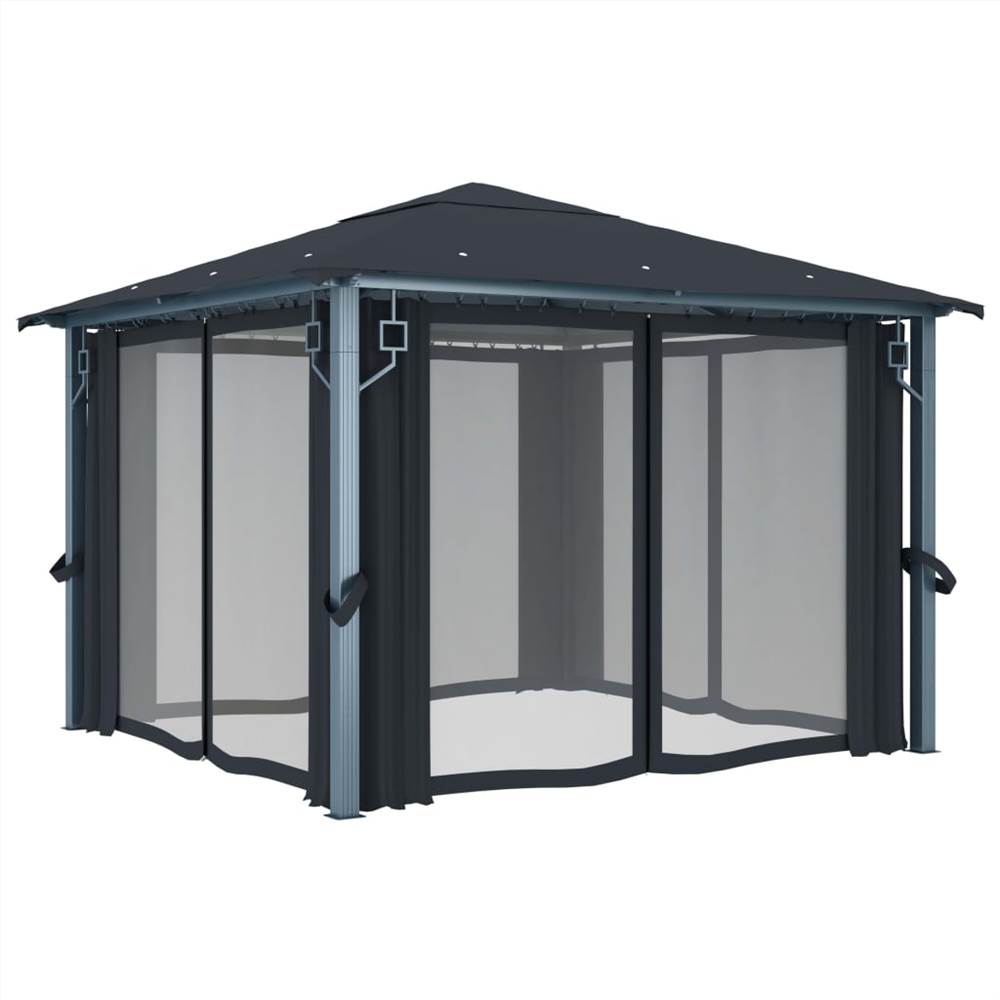 Gazebo with Curtain and String Lights 300x300 cm Anthracite Aluminium