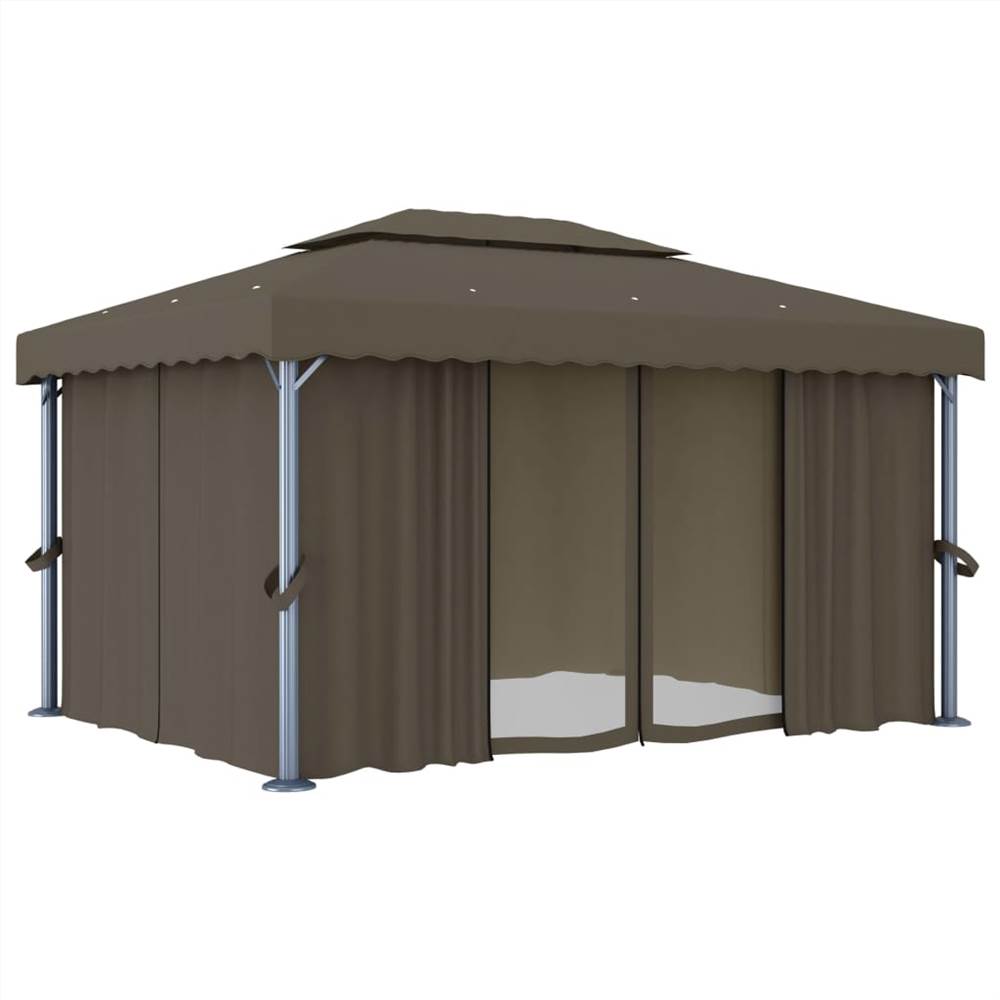 Gazebo with Curtain and String Lights 4x3 m Taupe