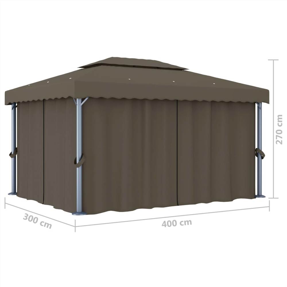 Gazebo with Curtain and String Lights 4x3 m Taupe