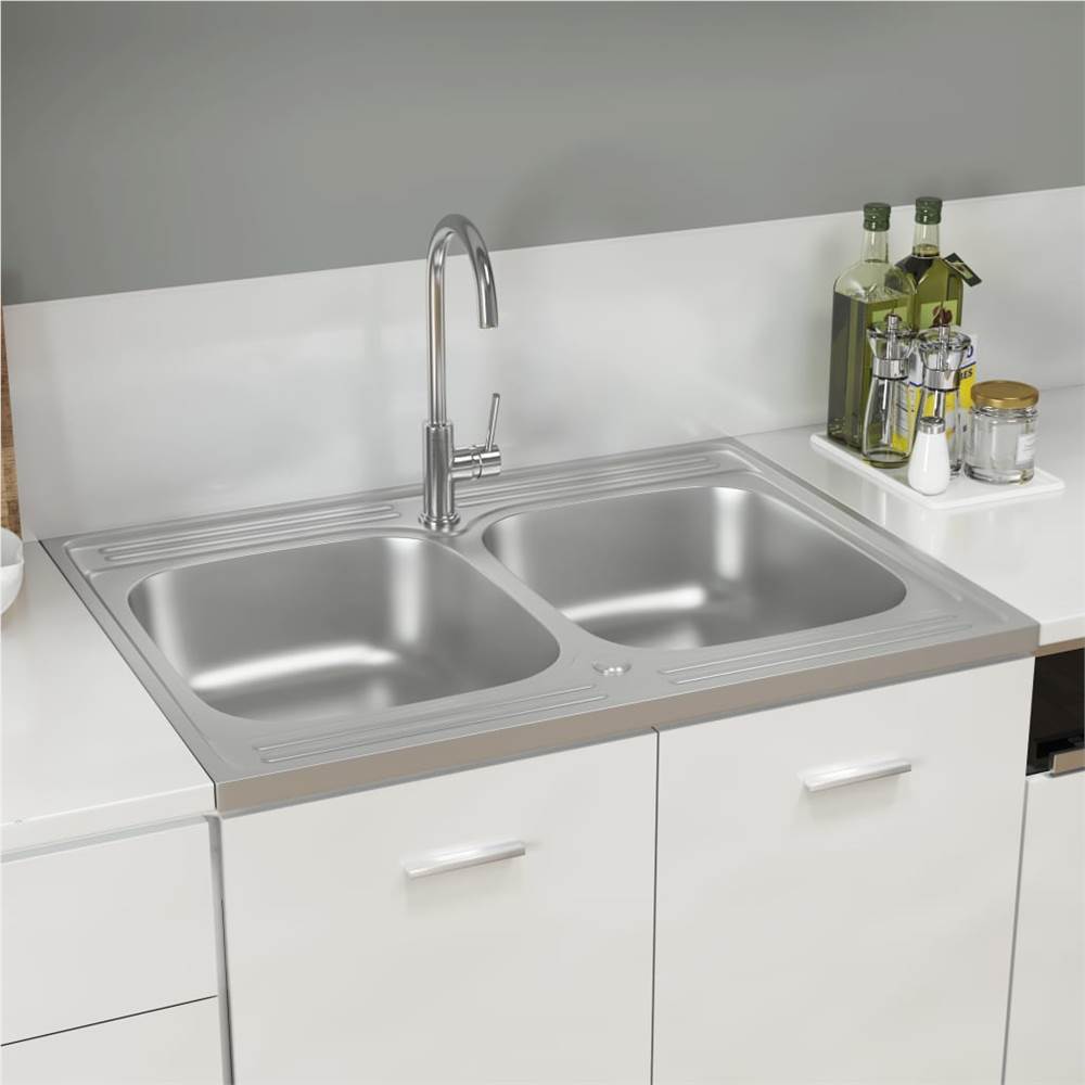 

Kitchen Sink with Double Basins Silver 800x600x155 mm Stainless Steel