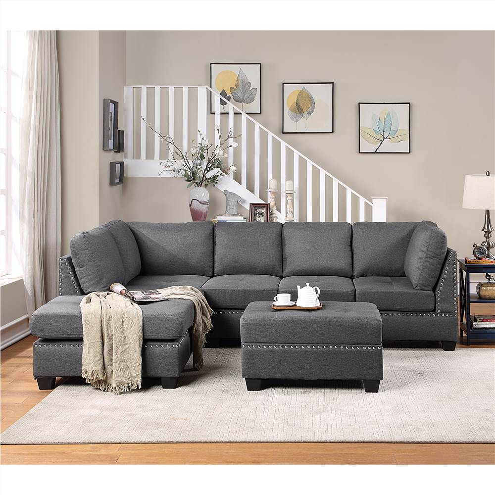 Orisfur 104.5-дюймовый льняной секционный диван с оттоманкой для хранения вещей и деревянным каркасом для гостиной, спальни, офиса, квартиры - серый