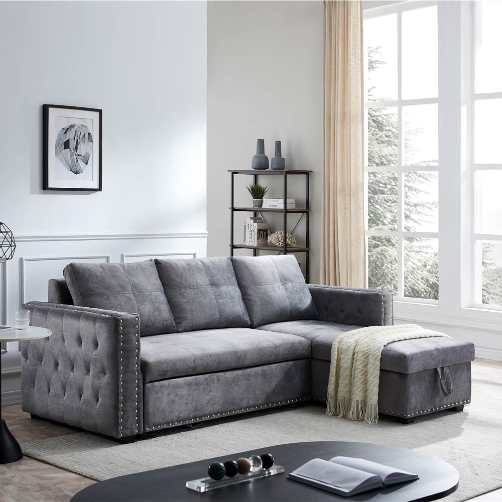 

91" 2-Seat Polyester Upholstered Sectional Sofa Bed with Storage Chaise, Wooden Frame, and Plastic Legs, for Living Room, Bedroom, Office, Apartment - Gray