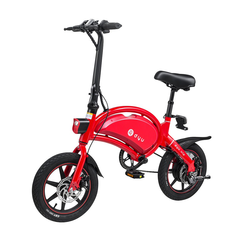 DYU D3+ Folding Moped Electric Bike 14 Inch Inflatable Rubber Tires 240W Motor 10Ah Battery Max Speed 25km/h Up To 45km Range Dual Disc Brakes Adjustable Height APP Control - Red