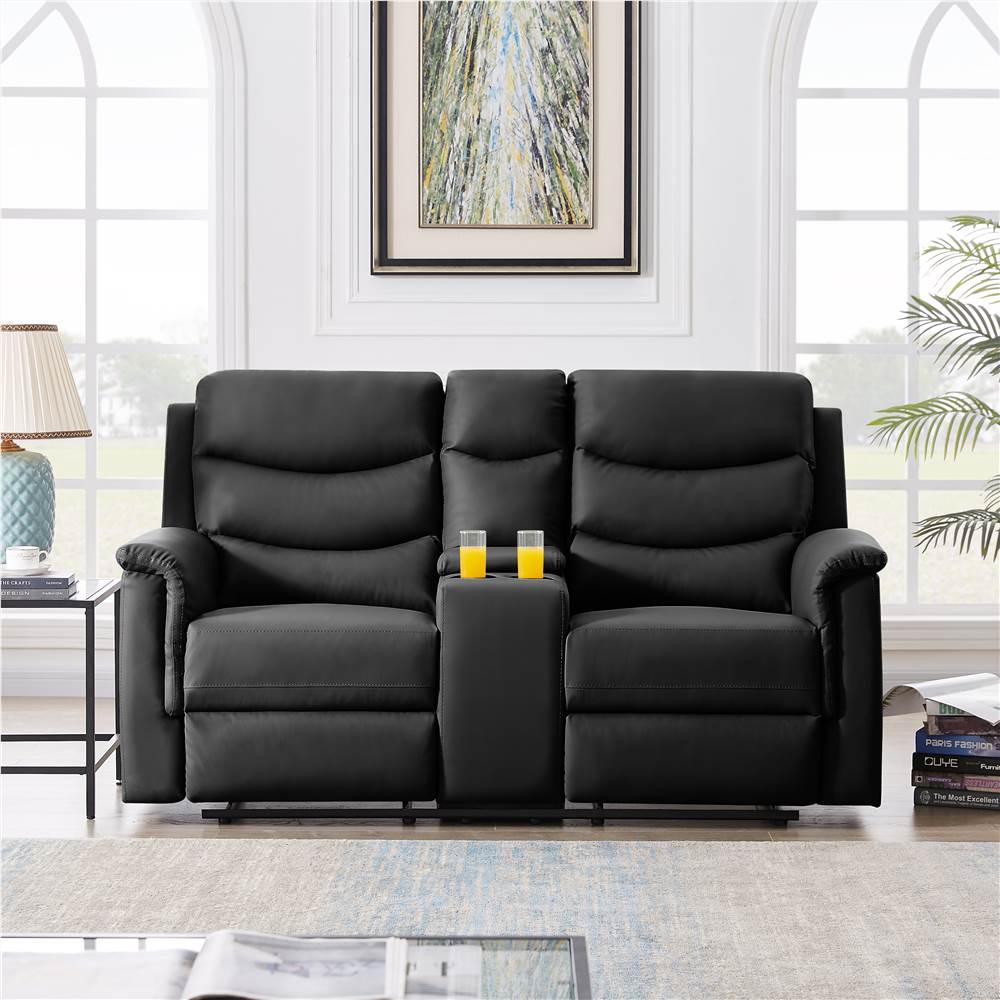 

67.7" 2-Seat PU Leather Upholstered Sofa with Storage Console, 2 Plastic Cup Holders, and Wooden Frame, for Living Room, Bedroom, Office, Apartment - Black