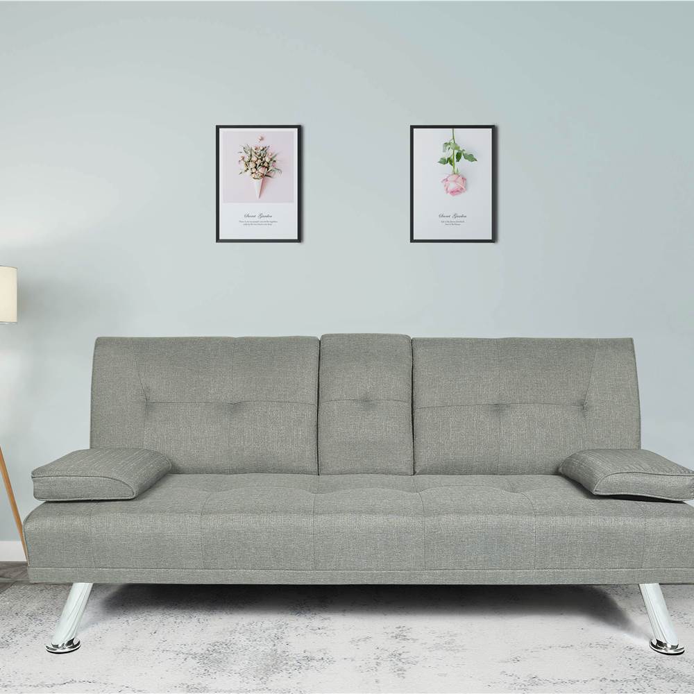 

66.1" Polyester Upholstered Sofa Bed with 2 Cup Holders, Wooden Frame, and Metal Legs, for Living Room, Bedroom, Office, Apartment - Light Gray