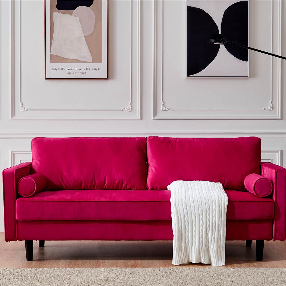 

75.6" 3-Seat Velvet Upholstered Sofa with Wooden Frame, for Living Room, Bedroom, Office, Apartment - Red