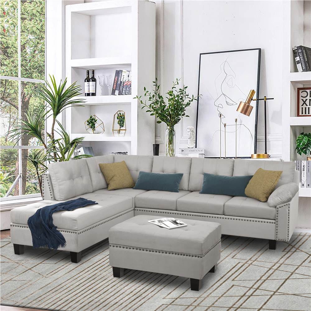 TREXM 105.1-дюймовый секционный диван из микрозамши с оттоманкой для хранения, деревянным каркасом и пластиковыми ножками для гостиной, спальни, офиса, квартиры - серый