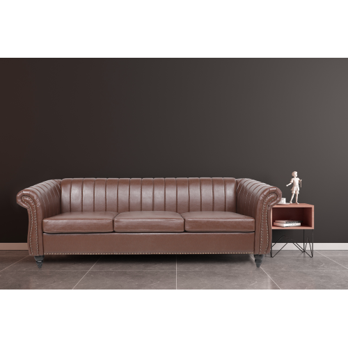 

84'' 3-Seat PU Leather Sofa with Reversible Cushions, and Wooden Frame, for Living Room, Bedroom, Office, Apartment - Brown