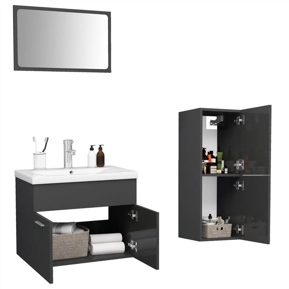 Bathroom Furniture Set High Gloss Grey Chipboard