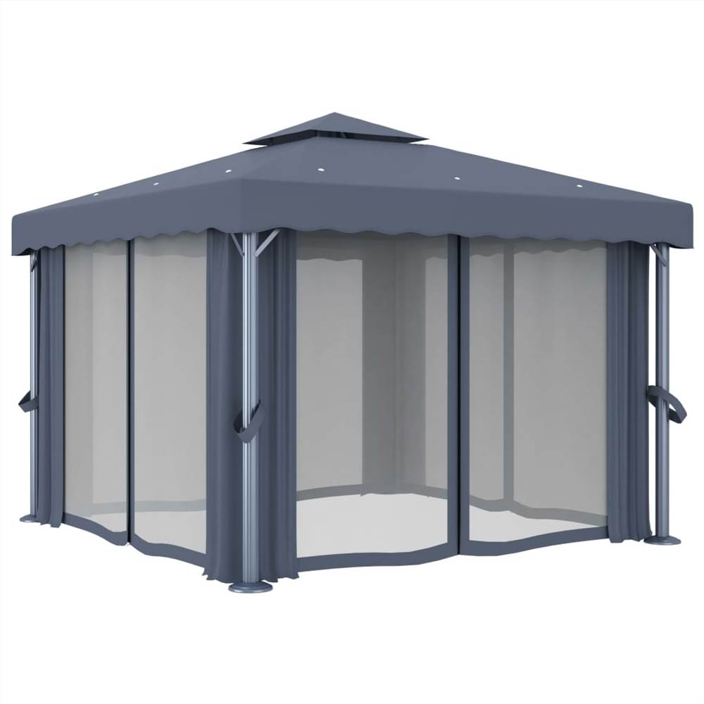 Gazebo with Curtain and String Lights 3x3 m Anthracite