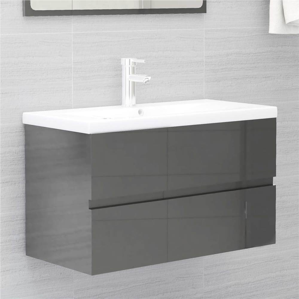 

Sink Cabinet with Built-in Basin High Gloss Grey Chipboard