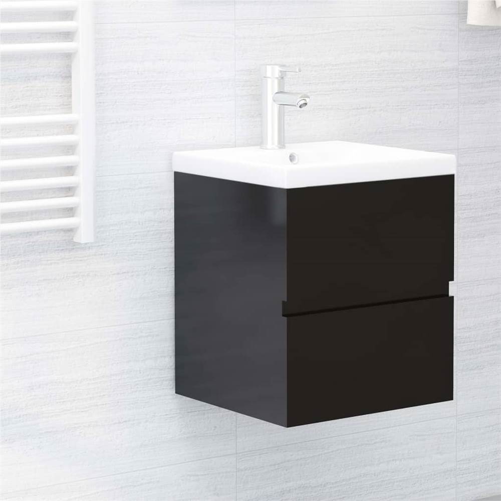 

Sink Cabinet with Built-in Basin High Gloss Black Chipboard