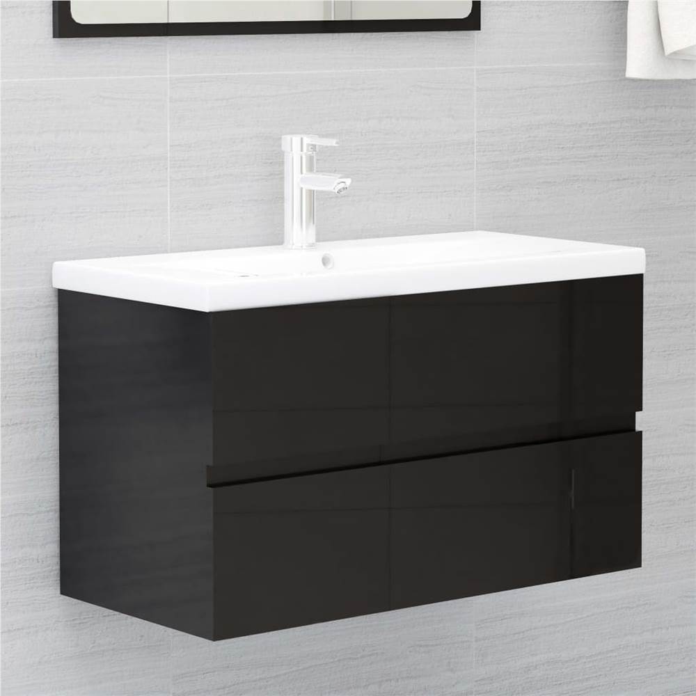 

Sink Cabinet with Built-in Basin High Gloss Black Chipboard