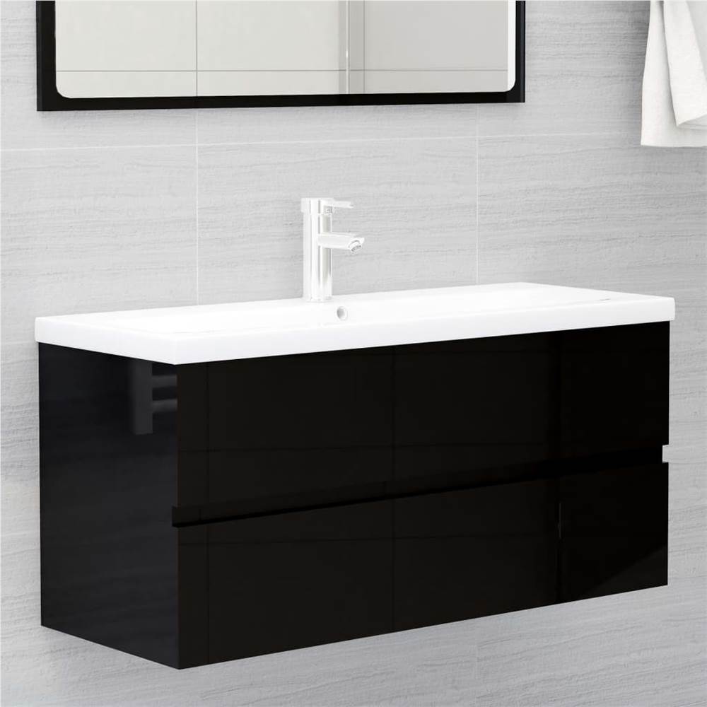 

Sink Cabinet with Built-in Basin High Gloss Black Chipboard