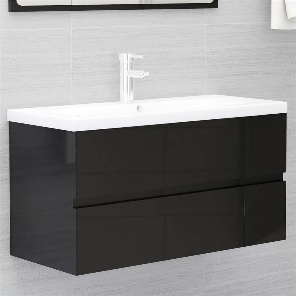 

Sink Cabinet with Built-in Basin High Gloss Black Chipboard