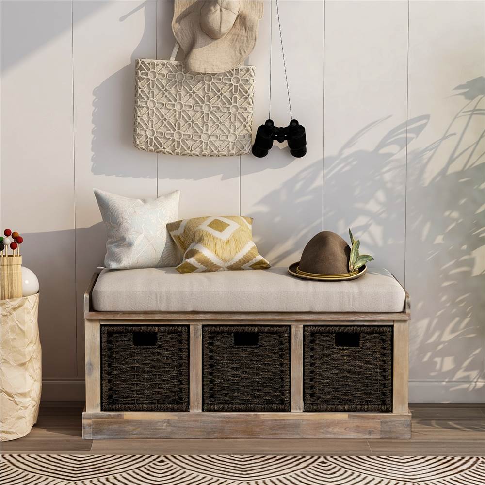 

TREXM 43.7" Rustic Style Wooden Storage Bench with 3 Removable Rattan Basket, for Entrance, Hallway, Bedroom - White Washed