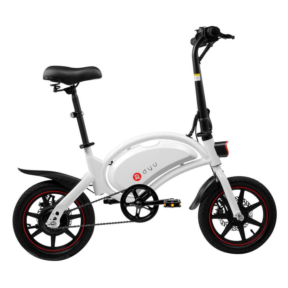 

DYU D3F with Pedal Folding Moped Electric Bike 14 Inch Inflatable Rubber Tires 240W Motor Max Speed 25km/h Up To 45km 6Ah Battery Range Dual Disc Brakes Adjustable Height - White