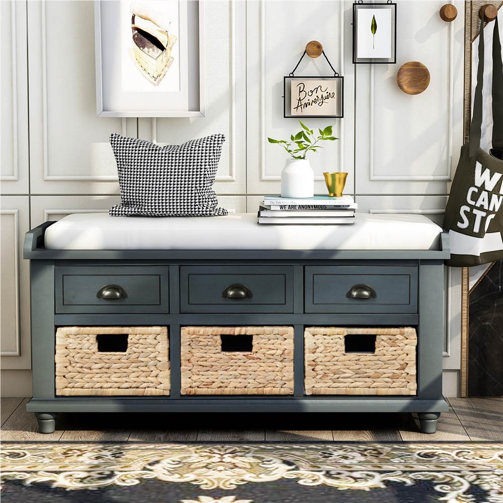 TREXM 42.1&quot; Rustic Style Storage Bench with 3 Drawers, 3 Rattan Baskets, and Removable Cushion, for Entrance, Hallway, Bedroom, Living Room - Antique Navy