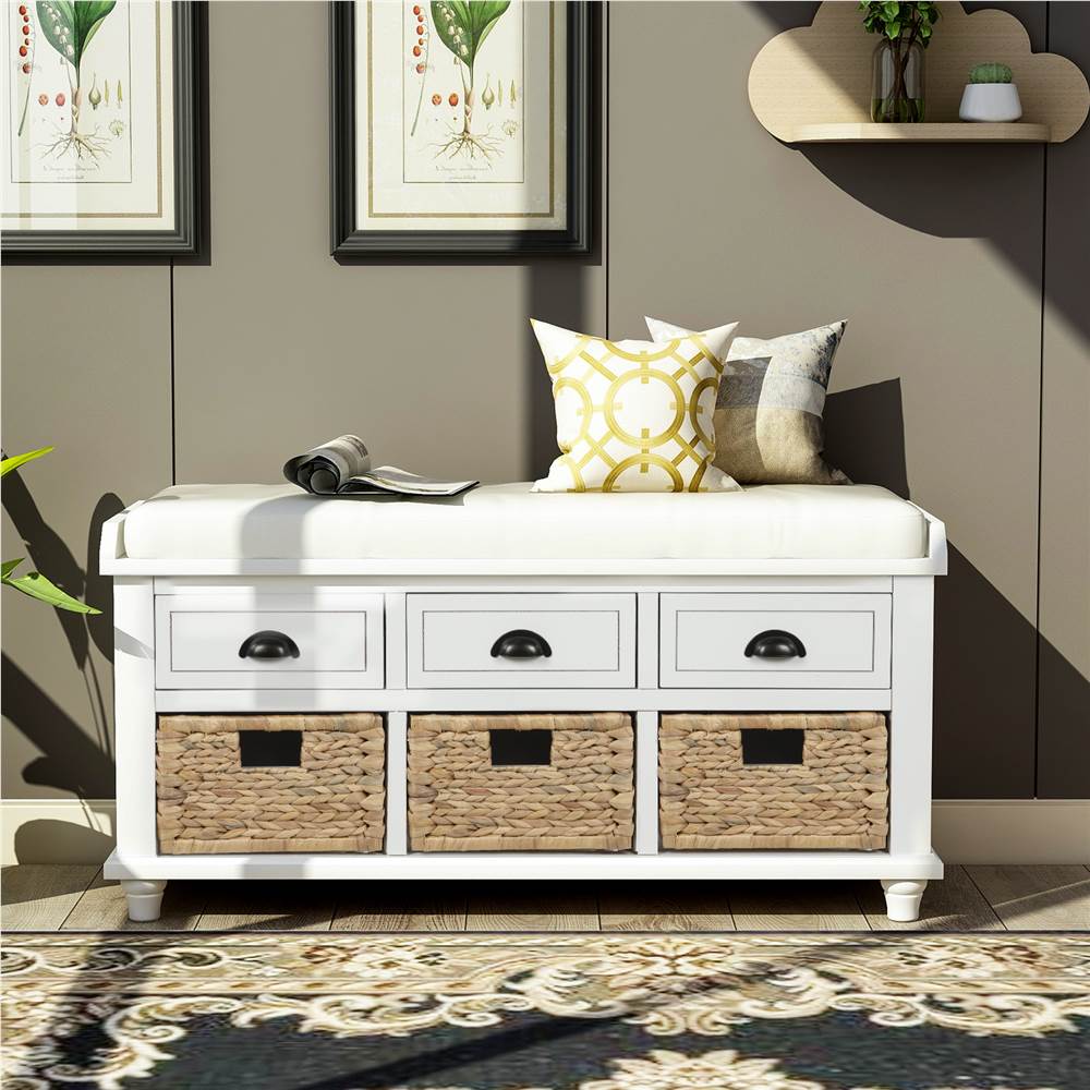 

TREXM 42.1" Rustic Style Storage Bench with 3 Drawers, 3 Rattan Baskets, and Removable Cushion, for Entrance, Hallway, Bedroom, Living Room - White