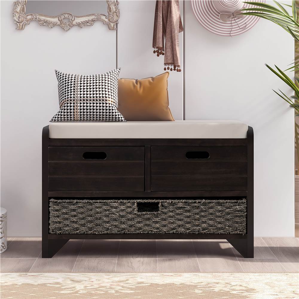 

TREXM 32" Linen Blend Storage Bench with Removable Basket and 2 Drawers, for Entrance, Hallway, Bedroom - Espresso