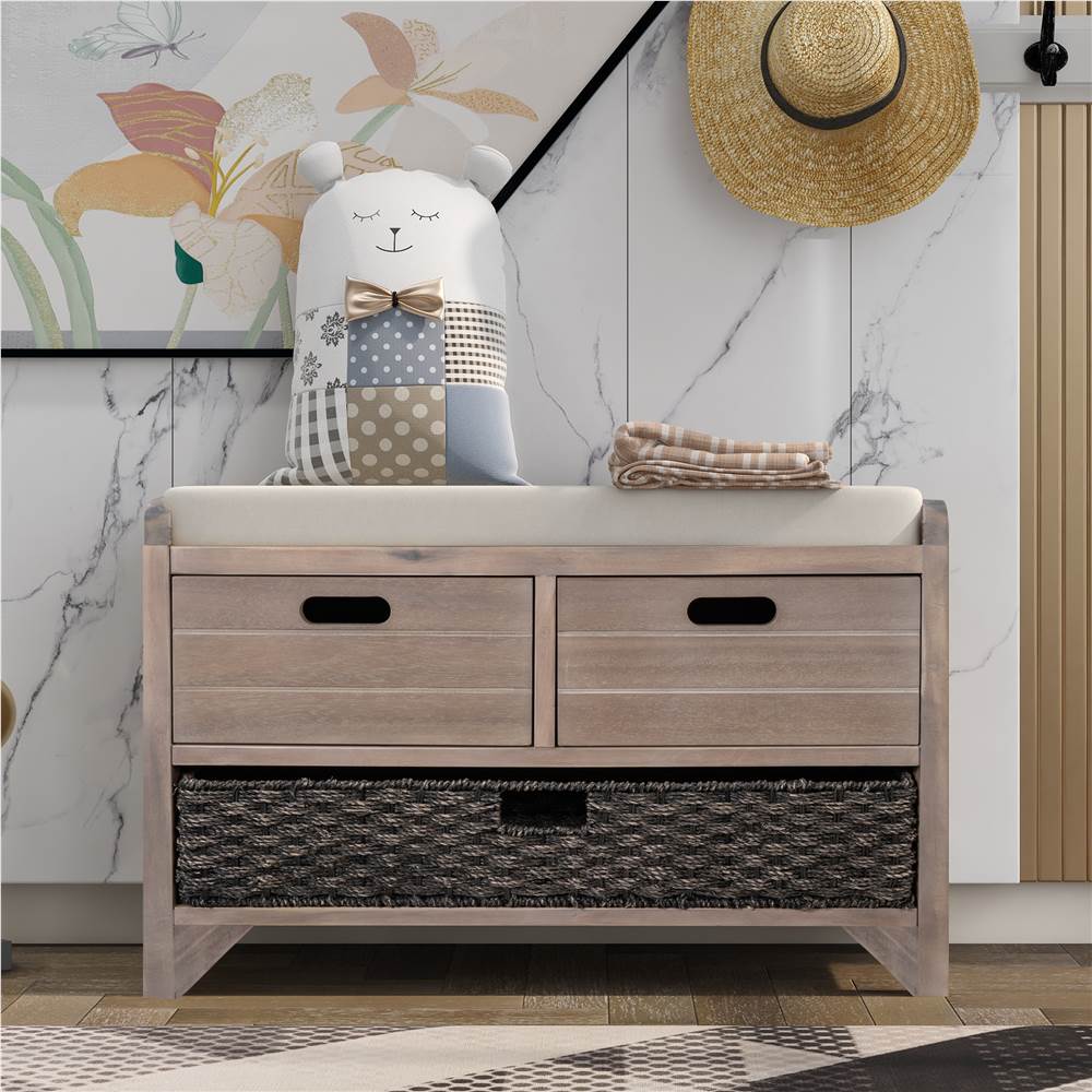 

TREXM 32" Linen Blend Storage Bench with Removable Basket and 2 Drawers, for Entrance, Hallway, Bedroom - White Washed