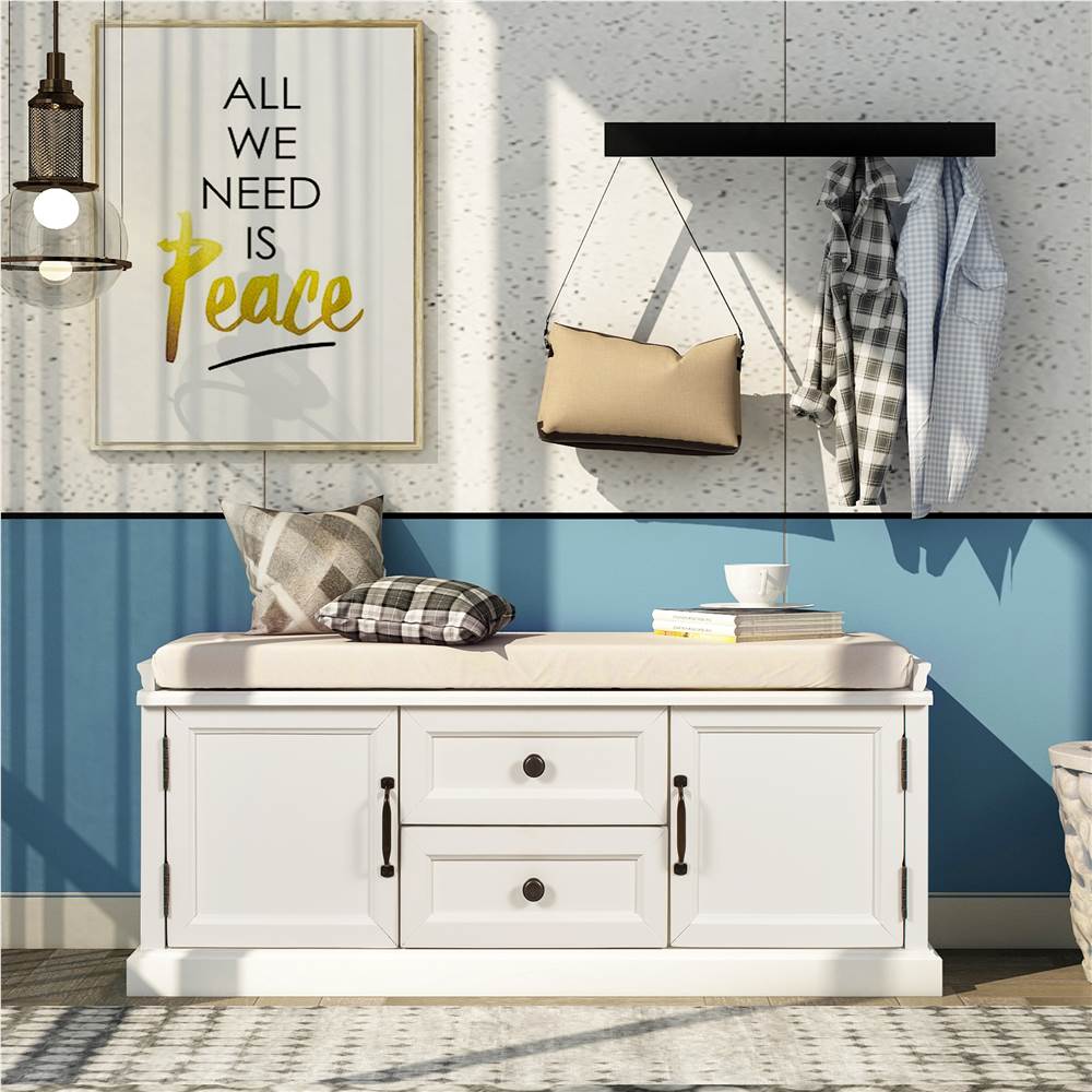 TREXM 42.9&quot; Upholstered Storage Bench with 2 Drawers, and 2 Cabinets, for Entrance, Hallway, Bedroom, Living Room - White