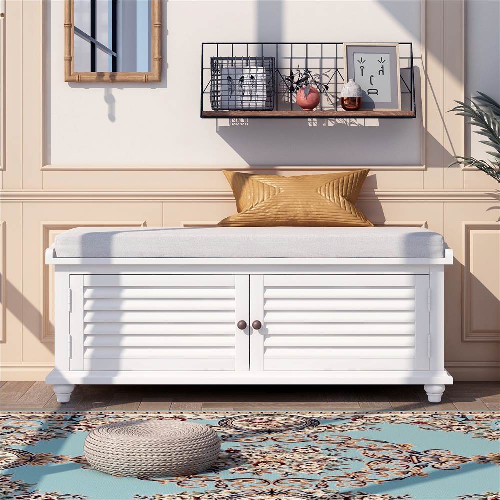 TREXM 43.4&quot; Louver Design Upholstered Storage Bench with Removable Cushion, and Wooden Frame, for Entrance, Hallway, Bedroom, Living Room - White