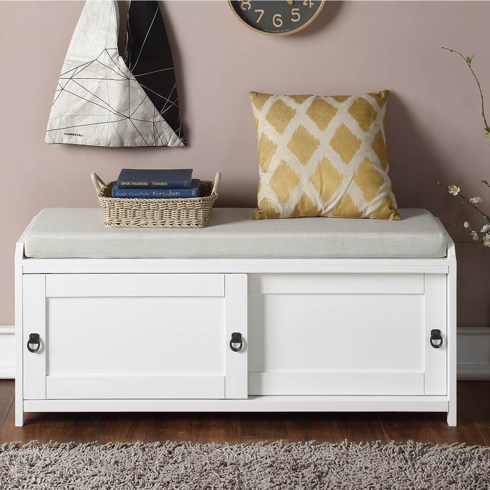 

U-STYLE 46.8" Storage Bench with 2 Cabinets, and Wooden Frame, for Entrance, Hallway, Bedroom, Living Room - White