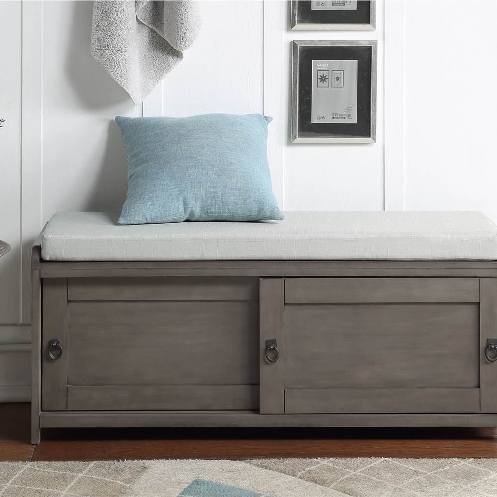 

U-STYLE 46.8" Storage Bench with 2 Cabinets, and Wooden Frame, for Entrance, Hallway, Bedroom, Living Room - Gray