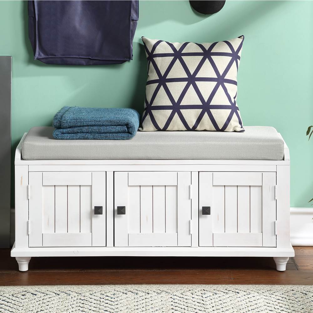 U-STYLE 42.1&quot; Storage Bench with 2 Cabinets, and Wooden Frame, for Entrance, Hallway, Bedroom, Living Room - White