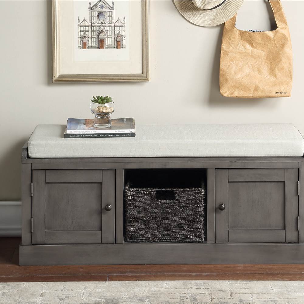 

U-STYLE 45.7" Storage Bench with 2 Cabinets, 1 Basket, and Wooden Frame, for Entrance, Hallway, Bedroom, Living Room - Gray
