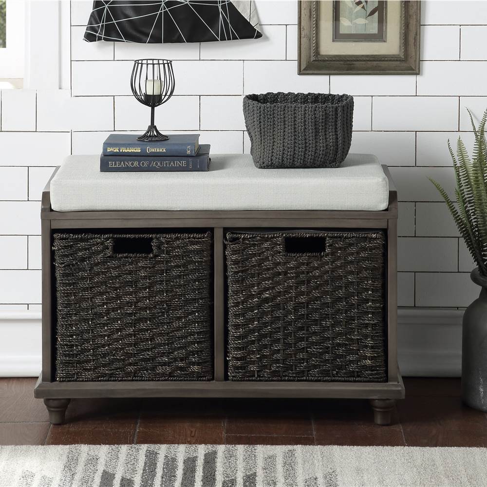 U-STYLE 31.5&quot; Storage Bench with 2 Woven Baskets, and Wooden Frame, for Entrance, Hallway, Bedroom, Living Room - Gray