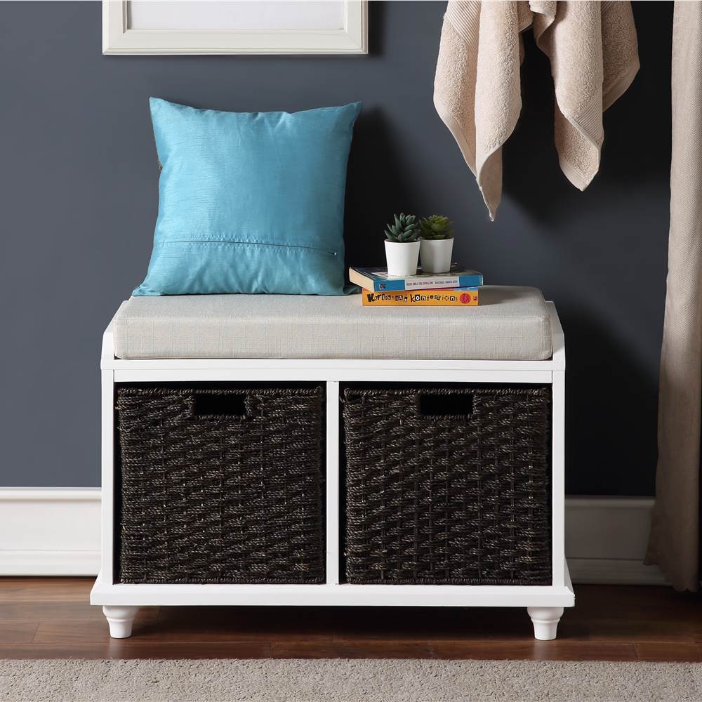 

U-STYLE 31.5" Storage Bench with 2 Woven Baskets, and Wooden Frame, for Entrance, Hallway, Bedroom, Living Room - White
