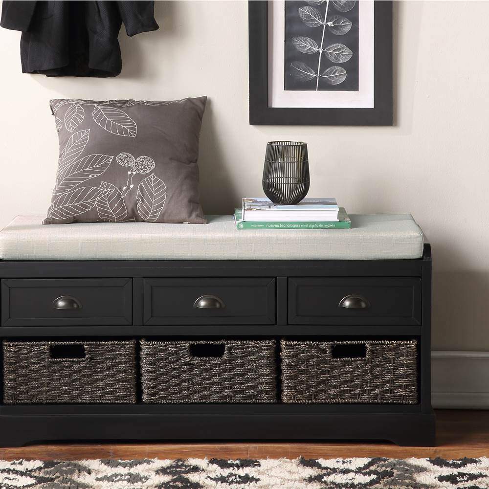 U-STYLE 44&quot; Storage Bench with 3 Drawers, 3 Baskets, and Wooden Frame, for Entrance, Hallway, Bedroom, Living Room - Black